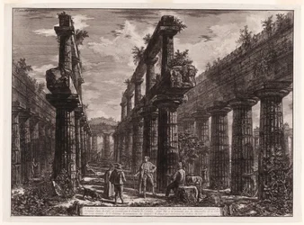 A., B. Vista de los restos de las dos filas de columnas en el Templo de Neptuno que originalmente formaban las columnatas a lo largo de los lados de la cella, y sostenían la parte superior del techo, de Diferentes vistas de Paestum