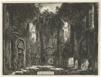 Academie en de Villa Adriana t y Tivoli Dieta, o ambas Lugar que da entrada a varios grandiosos Cubículos, y a otras magníficas Salas, existentes en Villa Adrián (...) (título sobre objeto) Gezichten op Rome (título de la serie) Vistas de Roma dibujadas y 