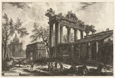 Altra Veduta degli avanzi del Pronao del Tempio del Concordia (Otra vista de los restos del Pronaos del Templo de la Concordia [el Templo de Saturno con el Arco de Septimio Severo al fondo a la izquierda]), de Vedute di Roma (Vistas de Roma)