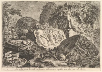 Altar antiguo en el que se realizaban sacrificios en la antigüedad, rodeado de otras ruinas..., ca. 1750