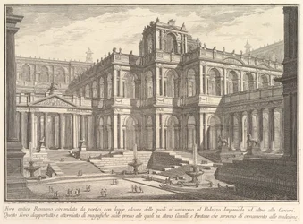 Foro romano antiguo rodeado de pórticos, con logias, algunas de las cuales comunican w...