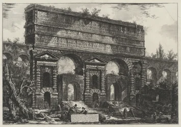 Vista de la construcción que el emperador Tito Vespasiano mandó erigir para la restauración de los acueductos de Acqua dell