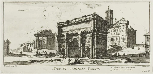 Arco de Septimio Severo. 1. Templo de la Concordia. 2. Ascenso a la Colina Capitolina, lámina 13 de Algunas Vistas de Arcos Triunfales y otros Monumentos