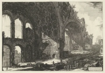 Basílica de Majencio en Roma Vista de los restos del Tablino de la Casa Dorada de Nerón comúnmente conocido como el Templo de la Paz (título sobre el objeto) Gezichten op Rome (título de la serie) Vistas de Roma diseñadas y grabadas por el arquitecto Giamb
