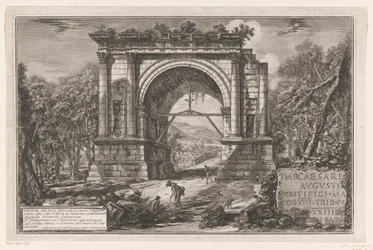 Boog van Augustus te Aosta Vista del Arco construido en honor a Augusto cerca de la ciudad de Aosta en Piamonte, anteriormente Augusta Praetoria Salassorum (título sobre el objeto) Enige gezichten op door Romeinen gebouwde triomfbogen en andere Monumenten 