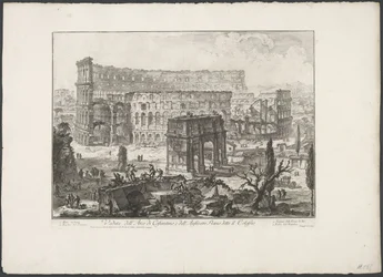 Boog van Constantijn en el Coliseo de Roma Vista del Arco de Constantino y del Anfiteatro Flavio conocido como Coliseo (título sobre el objeto) Gezichten op Rome (título de la serie) Vistas de Roma diseñadas y grabadas por el arquitecto Giambattista Pirane