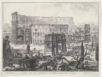 Boog van Constantijn en el Coliseo de Roma Vista del Arco de Constantino y del Anfiteatro Flavio conocido como Coliseo (título sobre el objeto) Gezichten op Rome (título de la serie) Vistas de Roma diseñadas y grabadas por el arquitecto Giambattista Pirane
