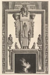 Chimenea en estilo egipcio: Momia superpuesta a una gran cariátide sobre el lintel..., 1769