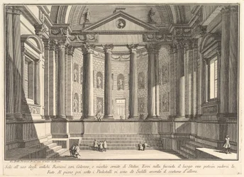Sala columnada según la costumbre de los antiguos romanos, y nichos adornados con..., ca. 1750
