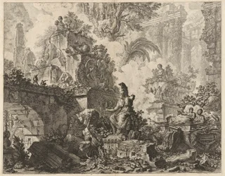 Frontispicio, Fantasía de ruinas con estatua de Minerva en primer plano, de Vedute di Roma (Vistas de Roma)