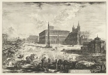 Gezicht op het Lateraan te Rome met de Sint-Jan van Lateranen Vista de la Piazza y la Basílica de S. Giovanni in Laterano (título sobre el objeto) Gezichten op Rome (título de la serie) Vistas de Roma diseñadas y grabadas por el arquitecto Giambattista Pir