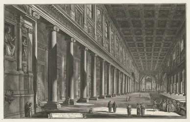 Interior van de Santa Maria Maggiore te Rome Vista interior de la Basílica de S. Maria Maggiore (título sobre objeto) Gezichten op Rome (título de la serie) Vistas de Roma diseñadas y grabadas por el arquitecto Giambattista Piranesi Ve (nez) iano (título d
