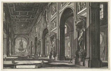 Interieur van de Sint-Jan van Lateranen te Rome Vista interior de la Basílica de S. Giovanni Laterano (título sobre objeto) Gezichten op Rome (título de la serie) Vistas de Roma diseñadas y grabadas por el arquitecto Giambattista Piranesi Ve (nez) iano (tí