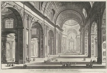 Interior van de Sint-Pietersbasiliek te Vaticaanstad Vista interior de la Basílica de San Pedro en el Vaticano (título sobre objeto) Gezichten op Rome (título de la serie) Vistas de Roma diseñadas y grabadas por el arquitecto Giambattista Piranesi Ve (nez)