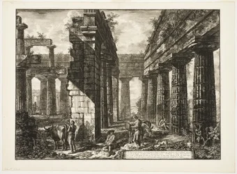 Vista interior de los restos de uno de los pronaos del Templo de Neptuno que mira hacia el interior, de Diferentes vistas de Paestum