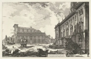 Plaza del Campidoglio de Roma Vista de la Piazza del Campidoglio (título sobre objeto) Gezichten op Rome (título de la serie) Vistas de Roma diseñadas y grabadas por el arquitecto Giambattista Piranesi Ve (nez) iano (título de la serie)
