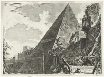Pirámide de Cestio de Roma Pirámide de C. Cestio (título sobre objeto) Gezichten op Rome (título de la serie) Vistas de Roma diseñadas y grabadas por el arquitecto Giambattista Piranesi Ve (nez) iano (título de la serie)