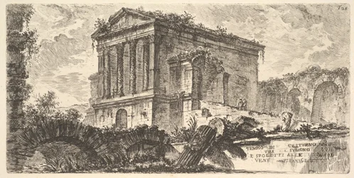 Lámina 26: Templo de Clitumnus entre Foligno y Spoleto, de «Algunas vistas de arcos triunfales y otros monumentos erigidos por los romanos, parte de los cuales se ven en Roma y parte en Italia»