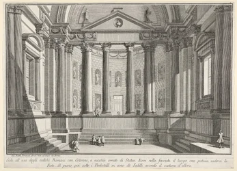 Lámina 9: Sala con columnas según la costumbre de los antiguos romanos (...), de «Primera parte de arquitecturas y perspectivas: dibujada y grabada por Gio. Batt