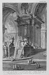 Placa LXV Capricho arquitectónico de un grupo monumental de columnas que sostienen dos arcos de un gran patio con magníficas fuentes ornamentadas con estatuas y bajorrelieves fechados en 1743 de Vedute
