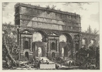 Porta Maggiore de Roma Vista del Monumento erigido por el Emperador Tito Vespasiano (...) (título sobre objeto) Gezichten op Rome (título de la serie) Vistas de Roma diseñadas y grabadas por el arquitecto Giambattista Piranesi Ve (nez) iano (título de la s