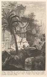 Restos de edificios antiguos entre los que se encuentra la urna sepulcral de Marco Agripa, ca. 1750