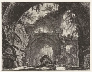 Ruinas de una galería de esculturas en la villa de Adriano en Tívoli [en realidad las grandes termas], de Vedute di Roma (Vistas de Roma)