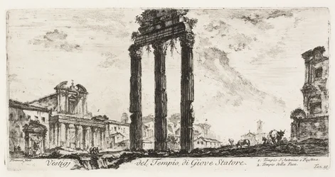 Ruinas del Templo de Júpiter Stator [Júpiter el Apoyo]. 1. Templo de Antonino y Faustina. 2. Templo de la Paz, lámina 10 de Algunas Vistas de Arcos Triunfales y otros Monumentos