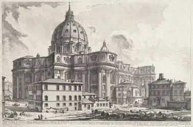 Sint-Pietersbasiliek vanaf Plaza de la Sacristía Vista del exterior de la gran Basílica de San Pedro en el Vaticano (título sobre objeto) Gezichten op Rome (título de la serie) Vistas de Roma diseñadas y grabadas por el arquitecto Giambattista Piranesi Ve 