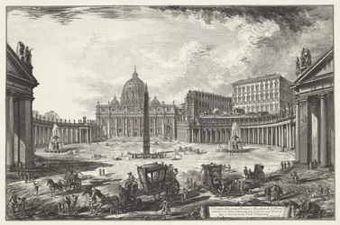 Sint-Pietersplein met de Sint-Pietersbasiliek te Vaticaanstad Vista de la gran plaza y de la basílica de San Pedro (...) (título sobre objeto) Gezichten op Rome (título de la serie) Vistas de Roma diseñadas y grabadas por el arquitecto Giambattista Piranes