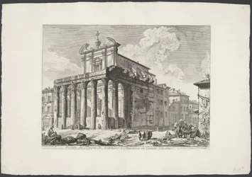 Tempel van Antoninus y Faustina te Rome Vista del Templo de Antonino y Faustina en Campo Vaccino (título sobre objeto) Gezichten op Rome (título de la serie) Vistas de Roma diseñadas y grabadas por el arquitecto Giambattista Piranesi Ve (nez) iano (título 