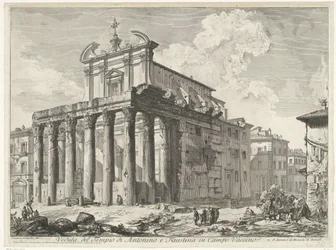 Tempel van Antoninus y Faustina te Rome Vista del Templo de Antonino y Faustina en Campo Vaccino (título sobre objeto) Gezichten op Rome (título de la serie) Vistas de Roma diseñadas y grabadas por el arquitecto Giambattista Piranesi Ve (nez) iano (título 