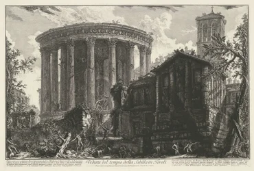 Tempel van Vesta y Tempel van de Tiburtijnse Sibille en Tivoli Vista del templo de la Sibila en Tivoli (título sobre objeto) Gezichten op Rome (título de la serie) Vistas de Roma diseñadas y grabadas por el arquitecto Giambattista Piranesi Ve (nez) iano (s