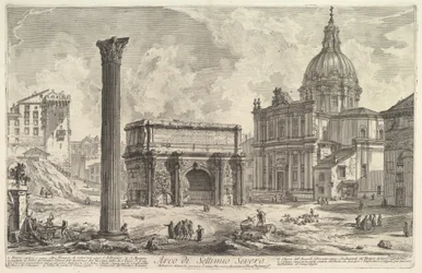 El Arco de Septimio Severo, con la iglesia de S. Martina a la derecha (Arco di Settimio Severo), de «Vedute di Roma»