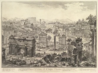 El Foro Romano, o Campo Vaccino, desde el Capitolio, con el Arco de Septimio en t..., ca. 1775
