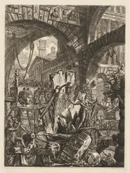 Las prisiones: Una mezcla arquitectónica, con un hombre en la roca en primer plano, 1745-50