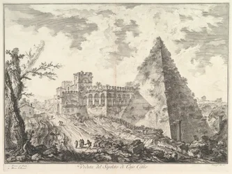 La pirámide de Cayo Cestio, con la Porta S. Paolo y la carretera adyacente, ca. 1755