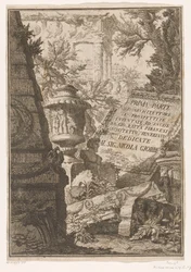 Impresión de título con título sobre bloque de mármol en un paisaje con ruinas Primera parte de Arquitectura y perspectivas (título de la serie) Prima parte di architetture e prospective inventate, ed incise da Gio. Batta Piranesi architetto Veneziano (tít