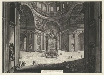 Crucero de Sint-Pietersbasiliek te Vaticaanstad Vista interior de la Basílica de San Pedro en el Vaticano cerca de la Tribuna (título sobre el objeto) Gezichten op Rome (título de la serie) Vistas de Roma diseñadas y grabadas por el arquitecto Giambattista