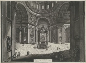Crucero de Sint-Pietersbasiliek te Vaticaanstad Vista interior de la Basílica de San Pedro en el Vaticano cerca de la Tribuna (título sobre el objeto) Gezichten op Rome (título de la serie) Vistas de Roma diseñadas y grabadas por el arquitecto Giambattista