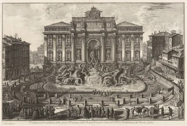 Vista en perspectiva de la gran fuente del Acqua Vergine, llamada fuente de Trevi, arquitectura de Nicola Salvi, de Vedute di Roma