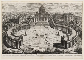 Vista de la insigne basílica vaticana con el amplio pórtico y la plaza adyacente, lámina 120 de Vistas de Roma