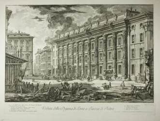 Vista de la Aduana de la Piazza di Pietra, construida dentro de las ruinas del Templo de Marco Aurelio Antonino Pío en su Foro, de Views of Rome