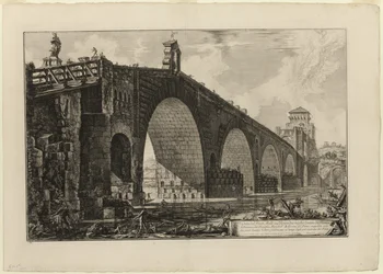 Vista del Ponte Molle [o Puente Milvio] sobre el Tíber a dos millas fuera de Roma, de Vistas de Roma