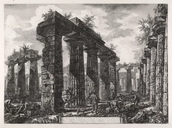 Vista de los restos del pronaos del edificio, que puede considerarse el Colegio de los Anfictiones, de Diferentes vistas de Paestum