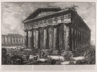 Vista del templo de Neptuno, dios tutelar de la antigua ciudad de Pesto, aunque no se ve ninguna señal que pueda indicar si este templo pertenecía a esta divinidad o a alguna otra ...