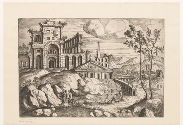 Paisaje con ruinas y arquitectura de fantasía sobre agua corriente con cascada
Paisaje con ruinas y arquitectura de fantasía y figuras con trajes antiguos y exóticos (título de la serie)