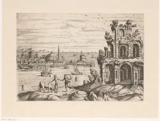 Paisaje urbano con ruinas y arquitectura de fantasía en el paseo marítimo
Paisajes con ruinas y arquitectura de fantasía y figuras con trajes antiguos y exóticos (título de la serie)