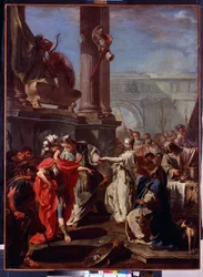 El sacrificio de Polixena. Inmolación de Polixena por Neoptólemo, héroe griego en la tumba de Aquiles. Pintura de Giambattista (Giovan Battista) (Giovanni Battista) Pittoni (1687-1767), hacia 1730. Óleo sobre lienzo. Arte veneciano.