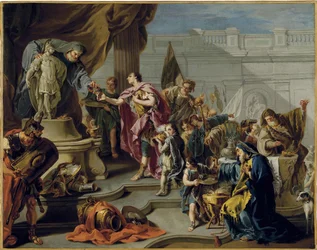 Escipión el Africano (Publius Cornelius Scipio Africanus) (235-183 aC) rinde homenaje al dios Marte (Escipión rinde homenaje a Marte) - Pintura de Giovan Battista Pittoni (1687-1767), óleo sobre lienzo (71,7x91,1 cm) - Colección privada